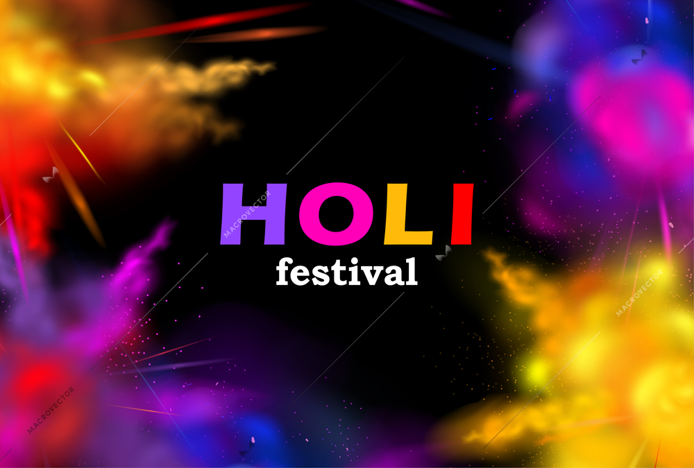 Realistic colored splashes frame with holy festival headline and four powder splashes around vector illustration