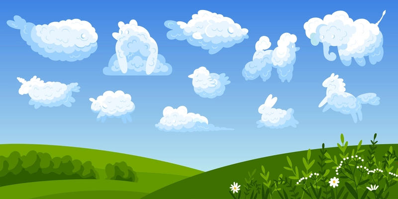 Animal clouds landscape composition various cute animals in a cloud form in the blue sky vector illustration