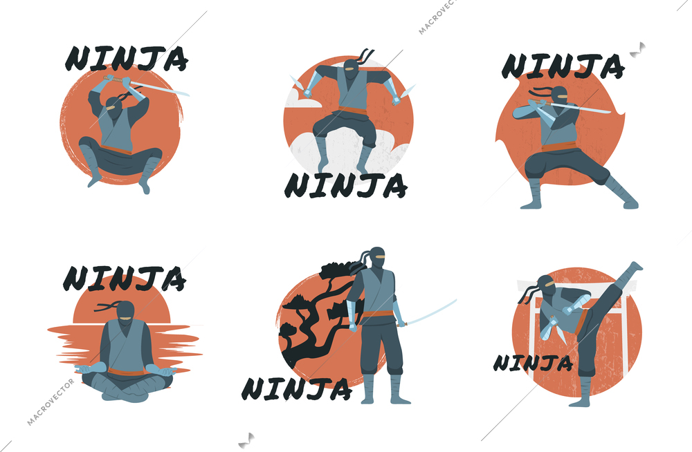 Flat set of ninja emblems with warrior characters meditating and training with weapons isolated vector illustration