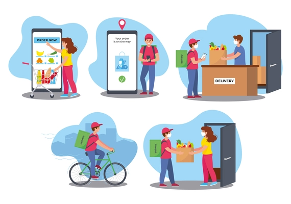 Delivery courier service flat set of isolated compositions with clients and couriers encounter and app tracking vector illustration