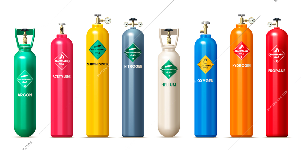 Gas cylinders and tanks realistic set with helium and oxygen symbols isolated vector illustration