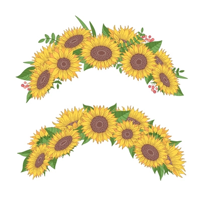 Two isolated beautiful sunflower wreaths with leaves and berries cartoon vector illustration