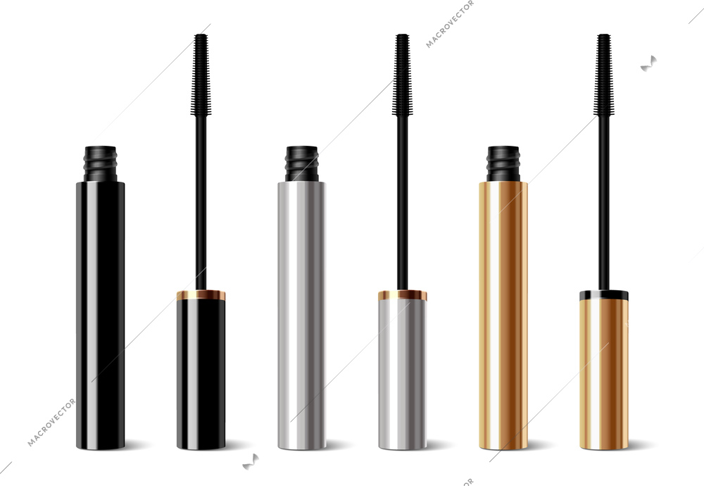 Eyes makeup realistic set with mascara tubes and brushes isolated on white background vector illustration