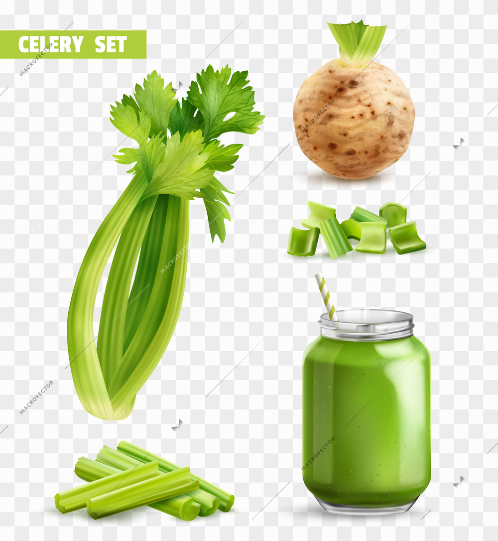 Realistic celery transparent icon set jar of ready made smoothie root stem with and without leaves