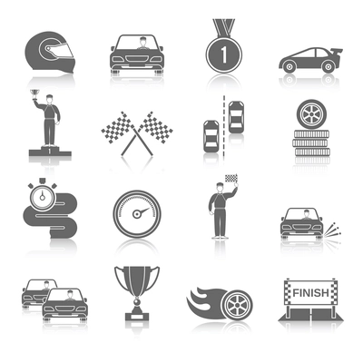 Auto sport black icons set with fire wheel start flag cup isolated vector illustration