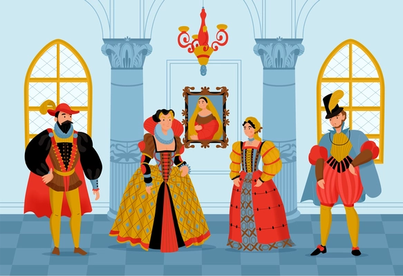Renaissance style composition men and women in medieval dress inside the castle vector illustration