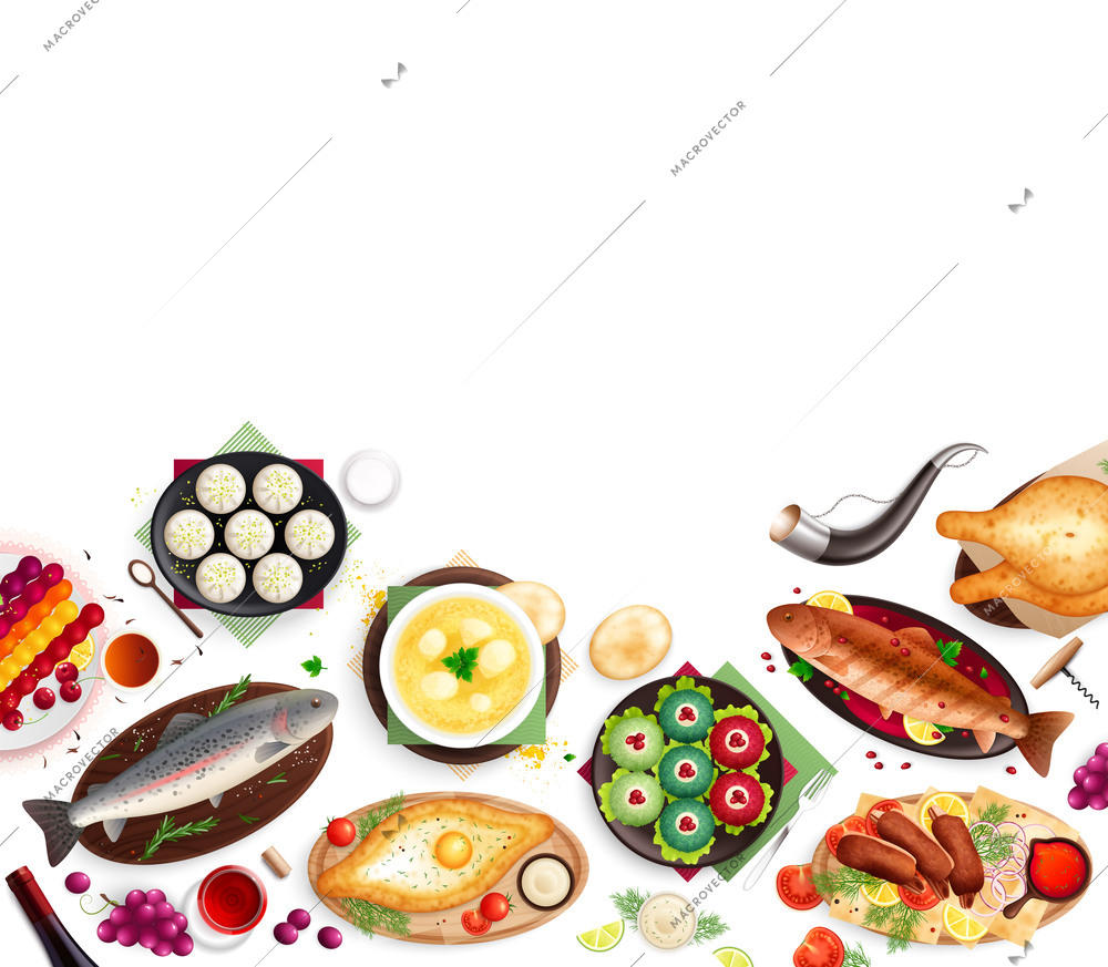 Georgia cuisine flat composition with empty space surrounded by isolated top views of traditional food dishes vector illustration