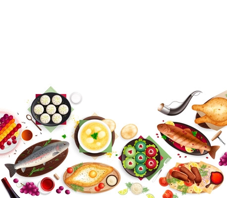 Georgia cuisine flat composition with empty space surrounded by isolated top views of traditional food dishes vector illustration