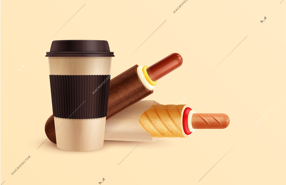 French hot dog realistic composition with set of white and brown hotdogs with coffee takeaway cup vector illustration