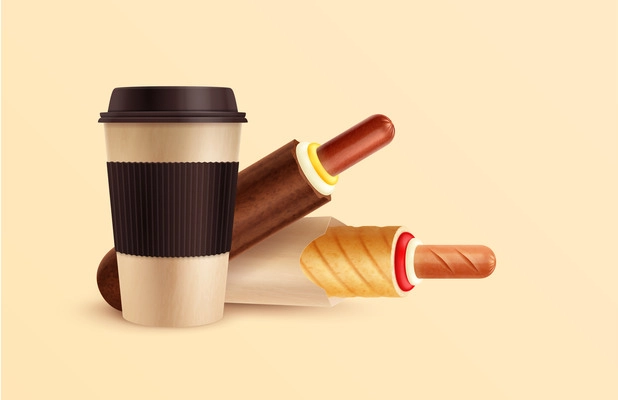 French hot dog realistic composition with set of white and brown hotdogs with coffee takeaway cup vector illustration