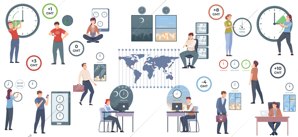 Time zones flat icons set with people and clocks in different world areas isolated vector illustration