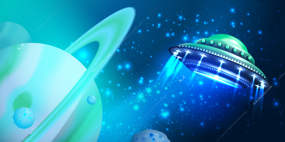 Alien ufo background with galaxy exploration symbols realistic vector illustration