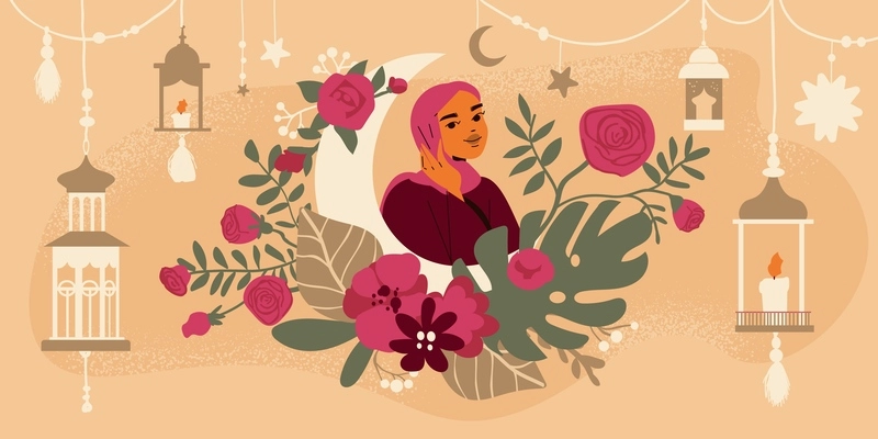 Islamic boho image with muslim woman and traditional symbols flat vector illustration