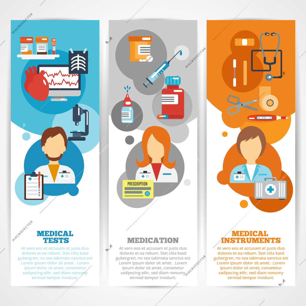 Doctor banner vertical set with medical tests instruments medication elements isolated vector illustration