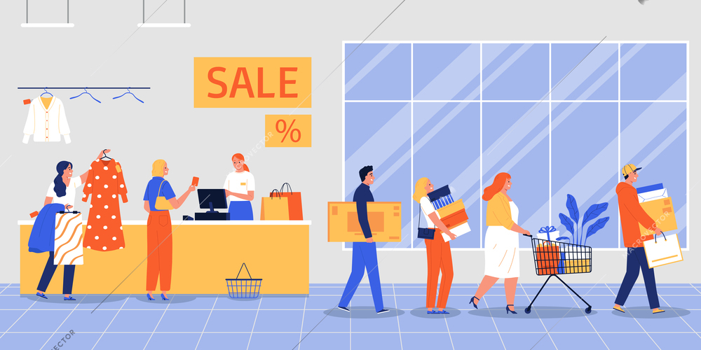 Big sale flat composition with people standing in a queue vector illustration