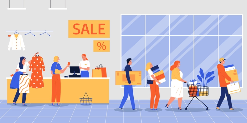 Big sale flat composition with people standing in a queue vector illustration