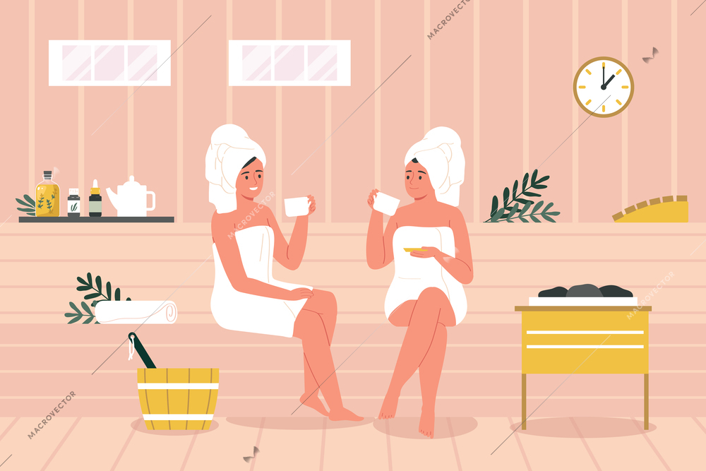 Aromatherapy flat concept with women drinking herbal tea in sauna vector illustration