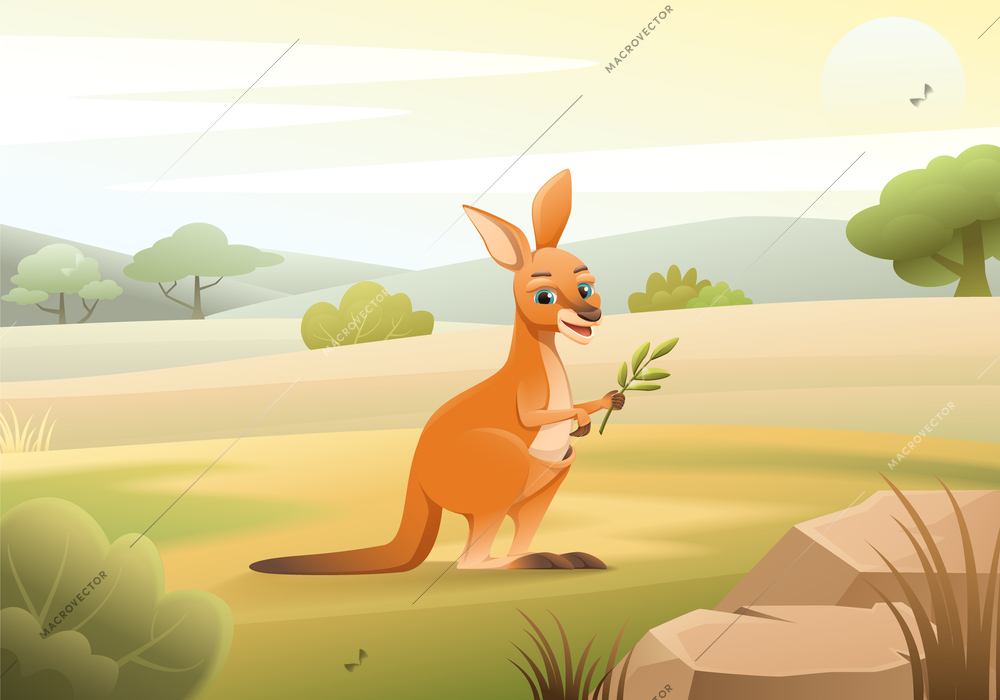 Cartoon plain landscape with cute happy little kangaroo holding green twig vector illustration