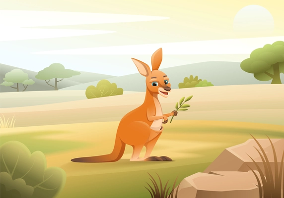 Cartoon plain landscape with cute happy little kangaroo holding green twig vector illustration