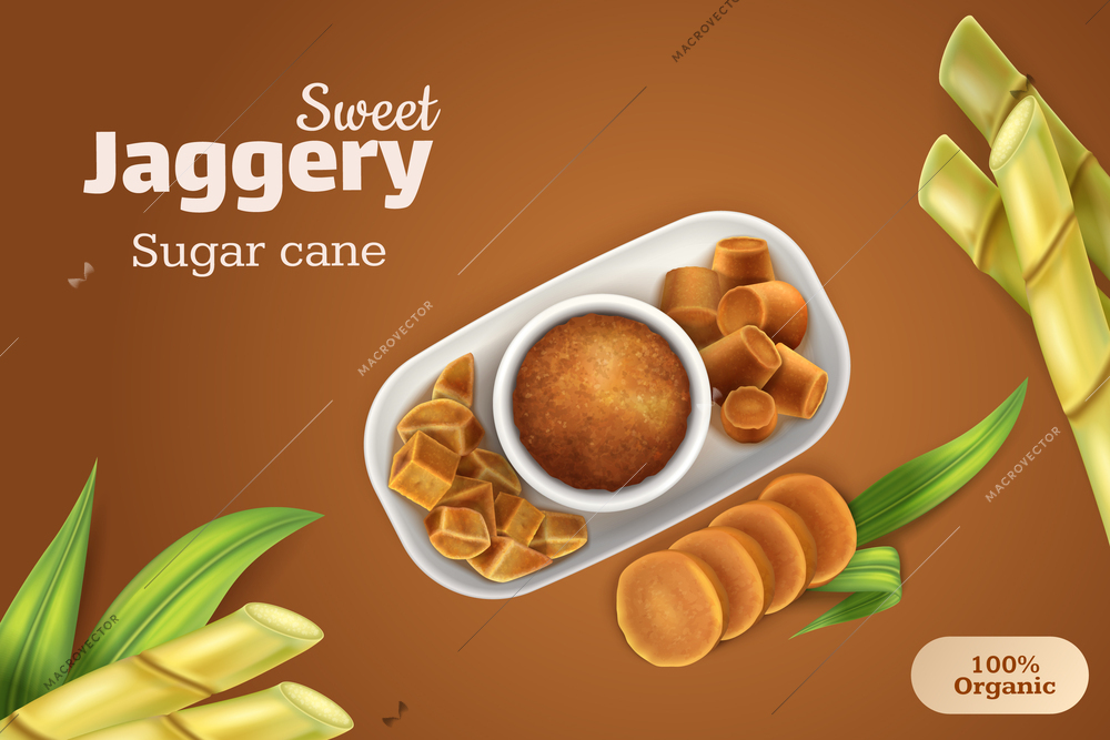 Sweet jaggery realistic composition with top view of plate with brown sugar powder and blocks on color background vector illustration