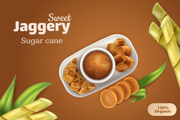 Sweet jaggery realistic composition with top view of plate with brown sugar powder and blocks on color background vector illustration