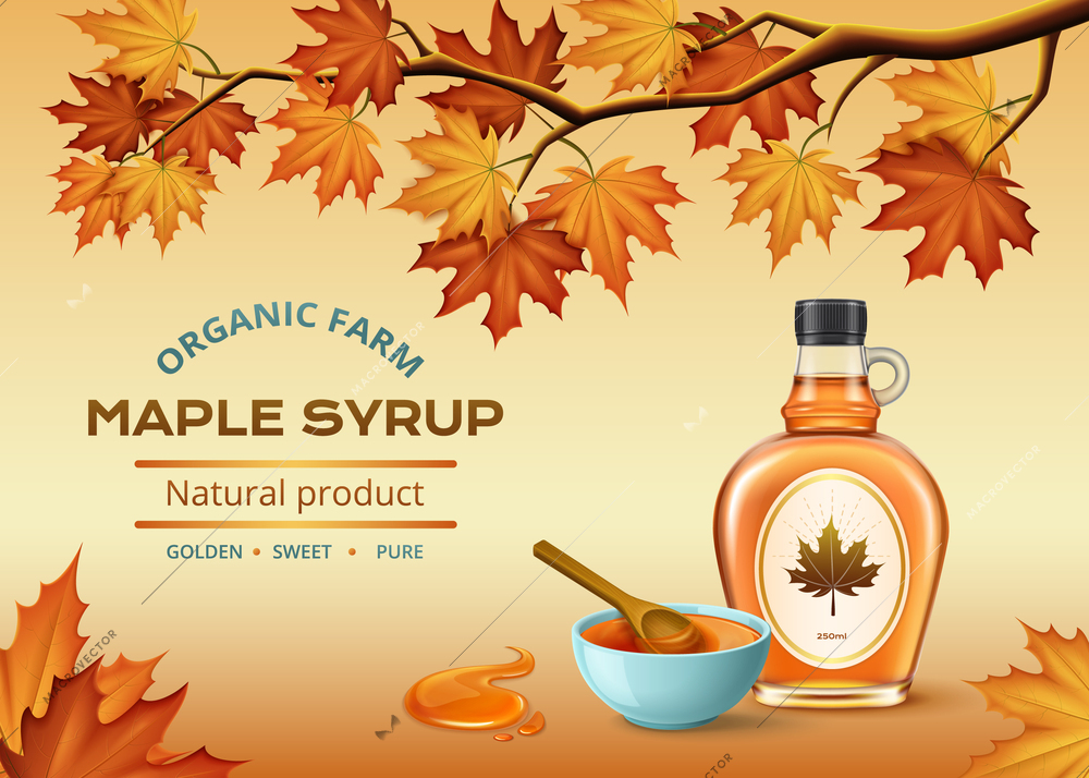 Realistic advertising composition with organic maple syrup bottle on color background with golden leaves vector illustration
