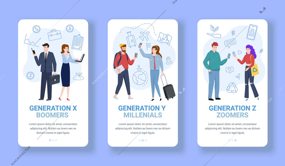 Generations theory set of three vertical banners with text and compositions of human characters and pictograms vector illustration