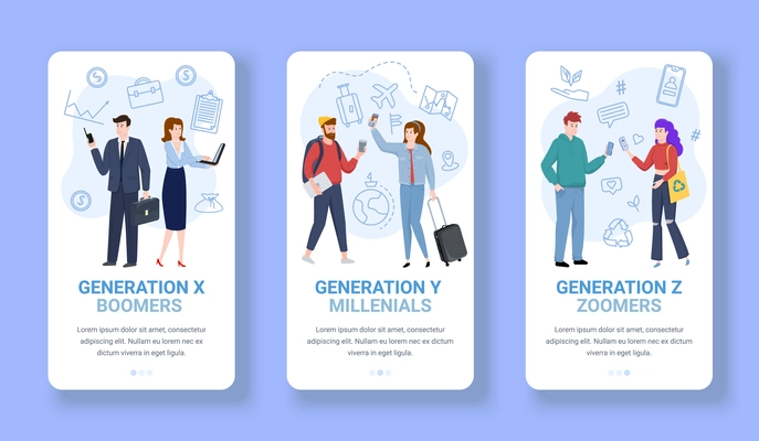 Generations theory set of three vertical banners with text and compositions of human characters and pictograms vector illustration