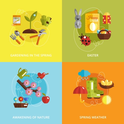 Spring design concept set with gardening easter awakening of nature and weather flat icons isolated vector illustration