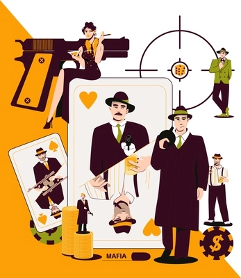 Mafia flat background with elements of casino attributes gun and people in black clothes vector illustration