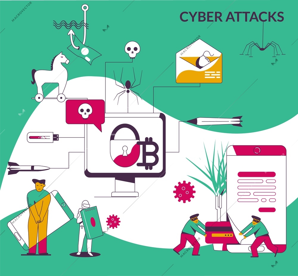 Cyber attacks flat background with trojan horse bug email spam phishing bots icons vector illustration