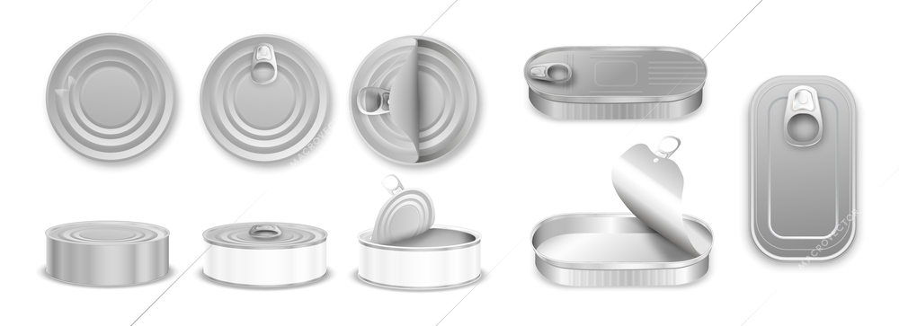 Realistic set with open and closed aluminium tin cans of different shape side and top view isolated vector illustration