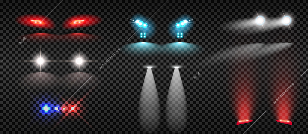 Realistic set of colorful car headlights tail and siren lights isolated on transparent background vector illustration