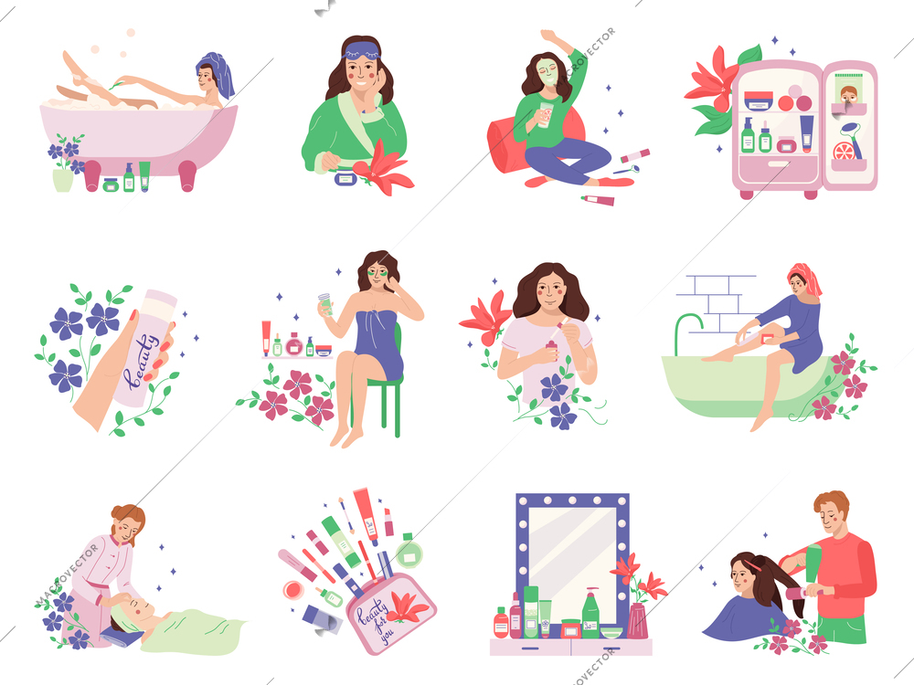 Woman body beauty care flat set of isolated icons flowers and female characters visiting cosmetology salon vector illustration