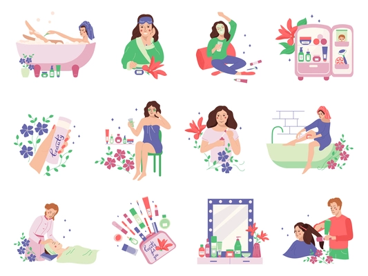 Woman body beauty care flat set of isolated icons flowers and female characters visiting cosmetology salon vector illustration