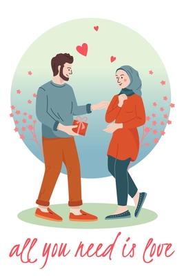 Hijab woman flat background with characters of loving couple surrounded by hearts with handwritten style text vector illustration