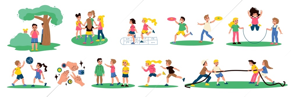 Children active outdoor games flat icons set isolated vector illustration