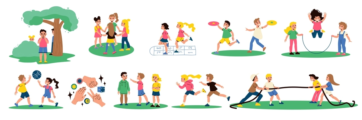 Children active outdoor games flat icons set isolated vector illustration