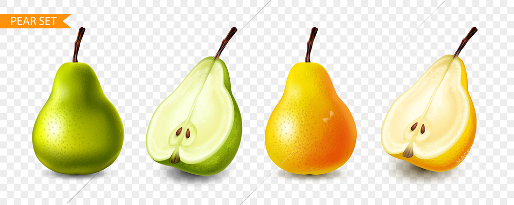 Realistic set of green and yellow pears on transparent background isolated vector illustration