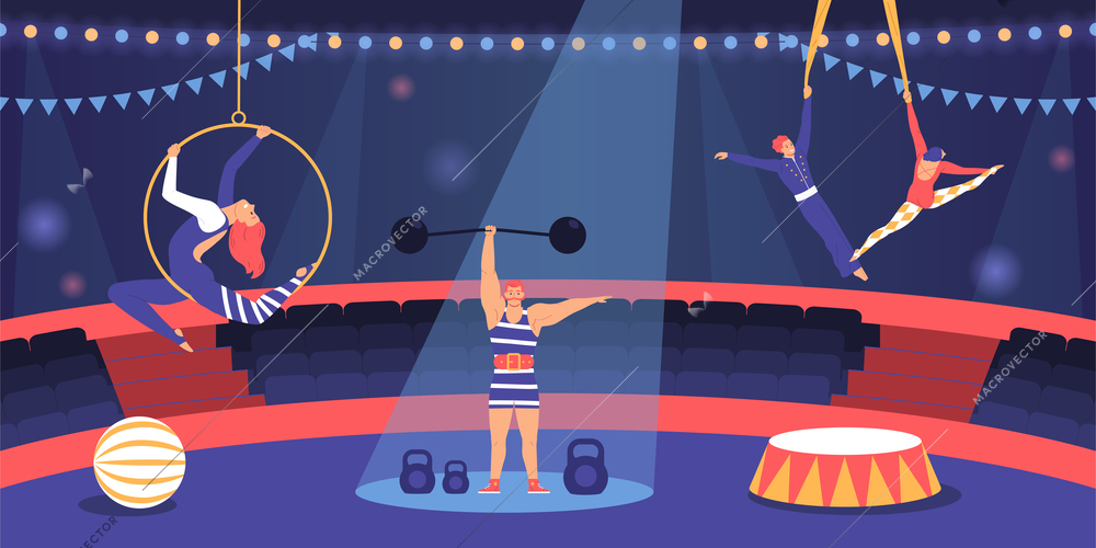 Circus flat composition with strongman and acrobats on scene vector illustration