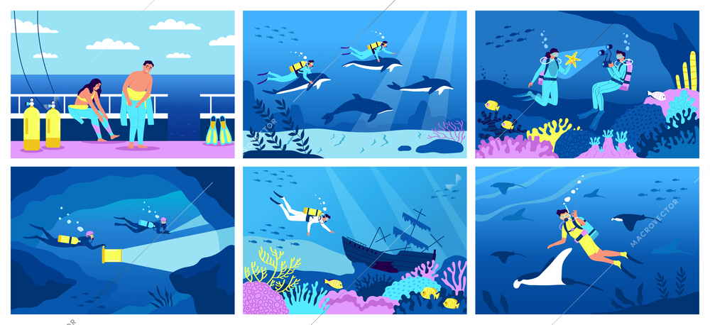 Diving flat poster set with people snorkeling underwater isolated vector illustration