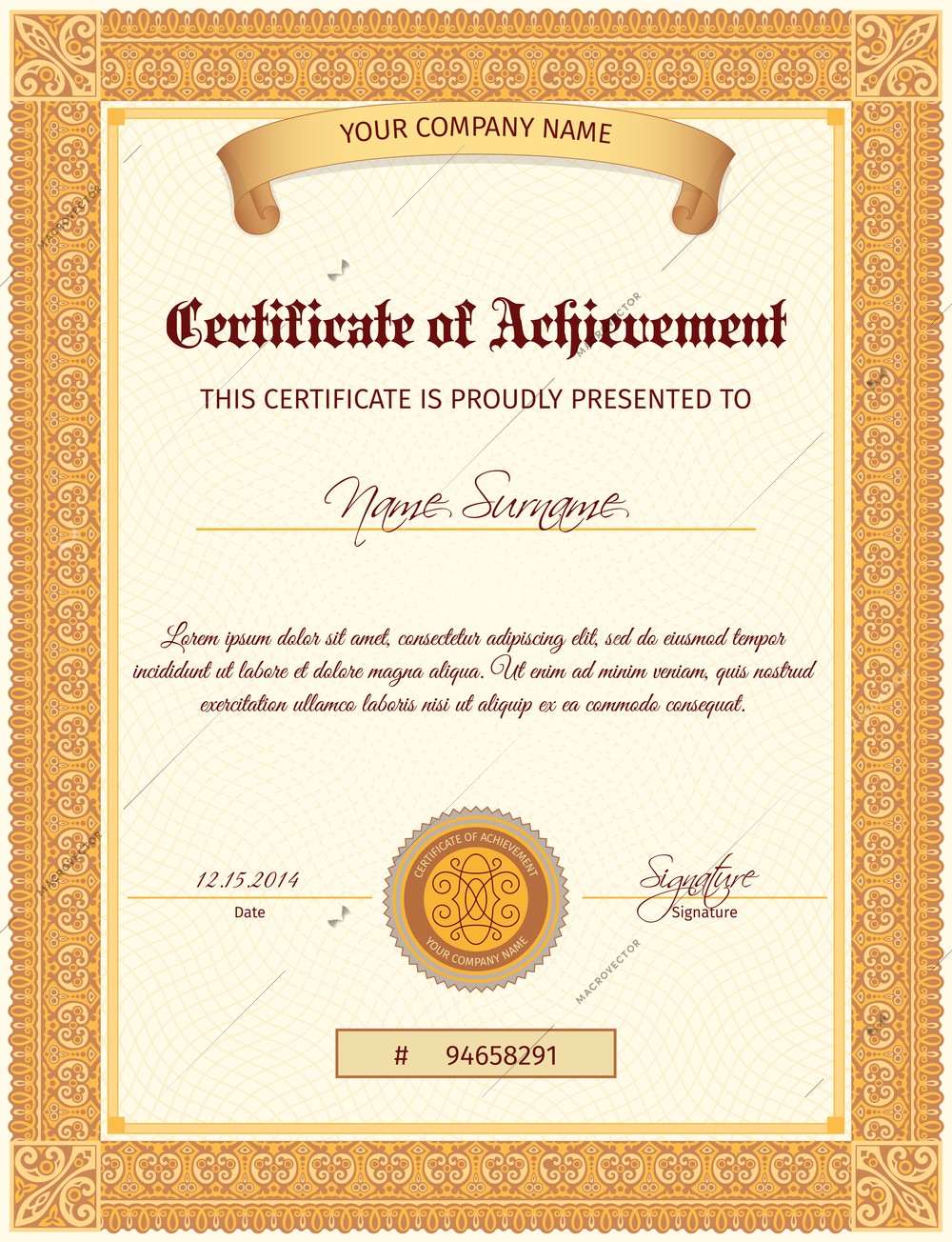 Certificate document of achievement vertical template with seal ribbon and elegant ornament vector illustration