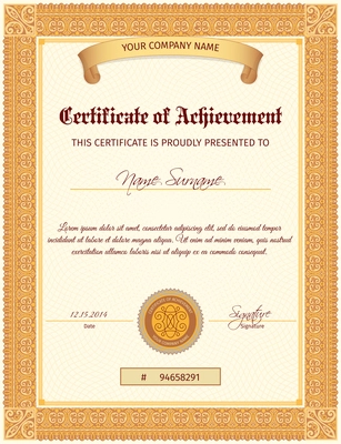 Certificate document of achievement vertical template with seal ribbon and elegant ornament vector illustration