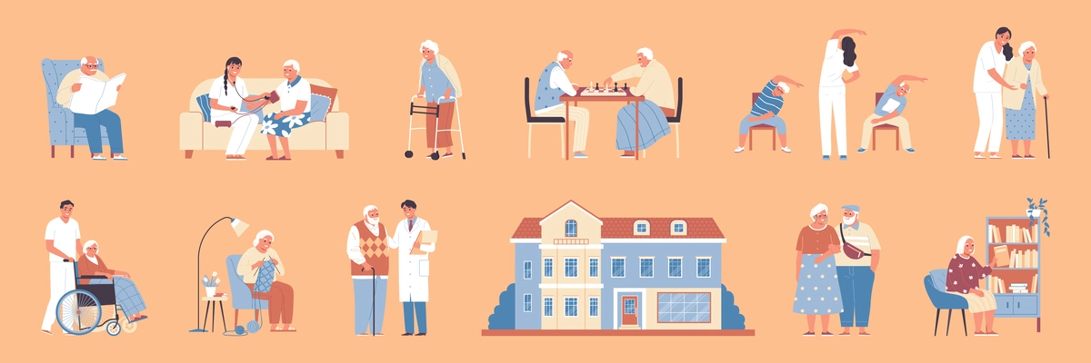 Nursing home flat icons set with medical assistance and volunteer support isolated vector illustration