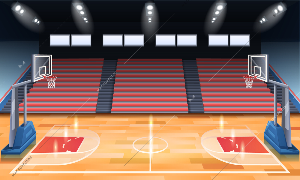 Cartoon design of modern indoor basketball court illuminated with spotlights vector illustration