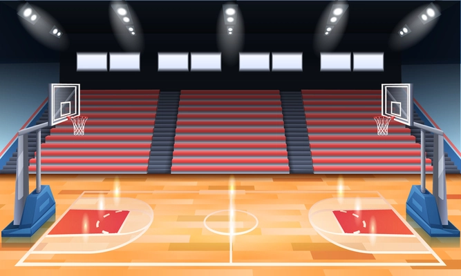 Cartoon design of modern indoor basketball court illuminated with spotlights vector illustration