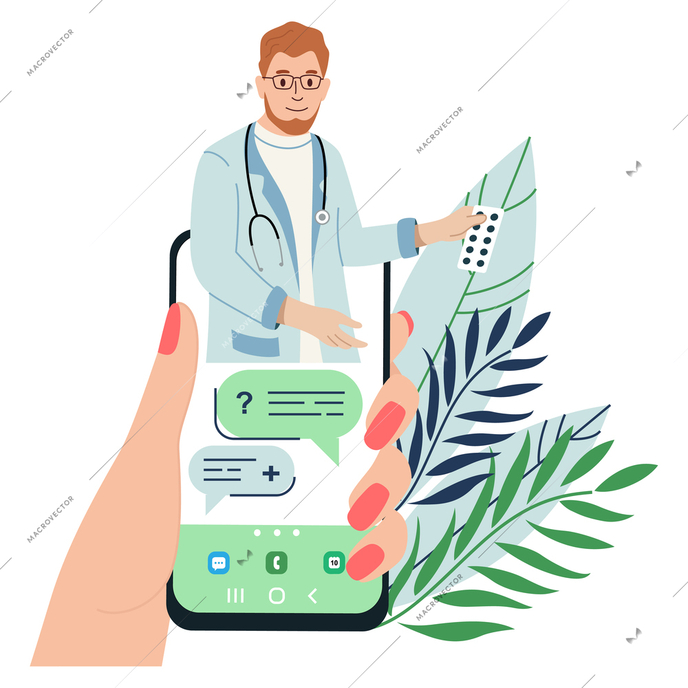 Man urology flat composition with male doctor character chat bubbles and pills in smartphone screen hand vector illustration