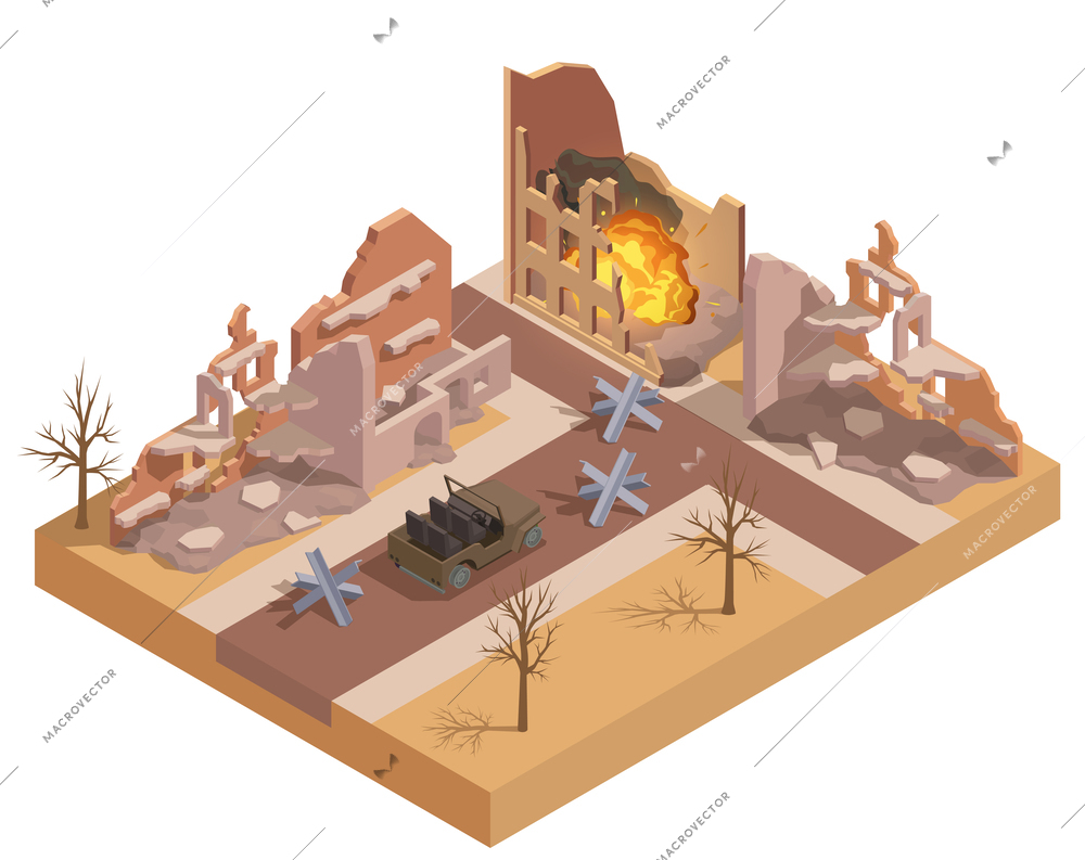 Ruined buildings in fire in destroyed with war city isometric vector illustration