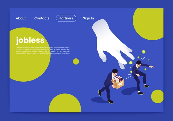 Unemployment isometric web page template with hand kicking out person in office suit vector illustration