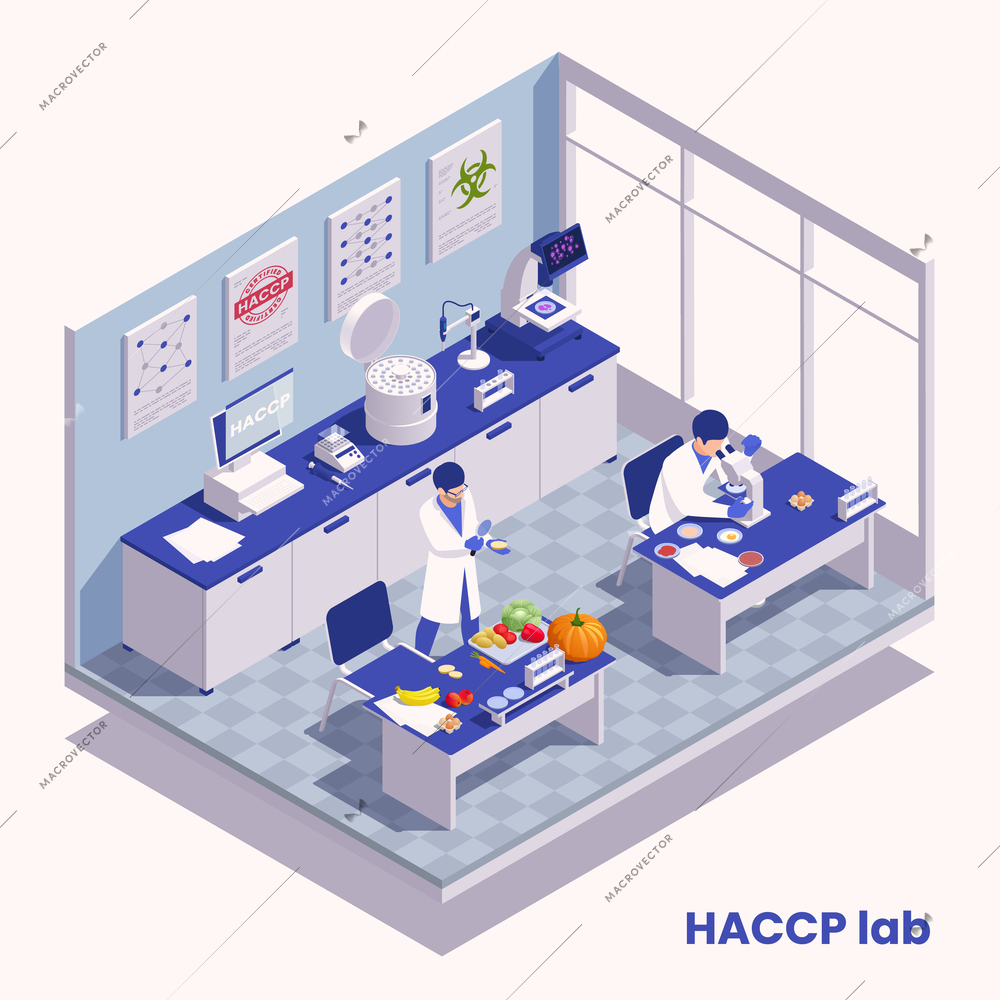 HACCP food safety concept with lab workers testing products isometric vector illustration